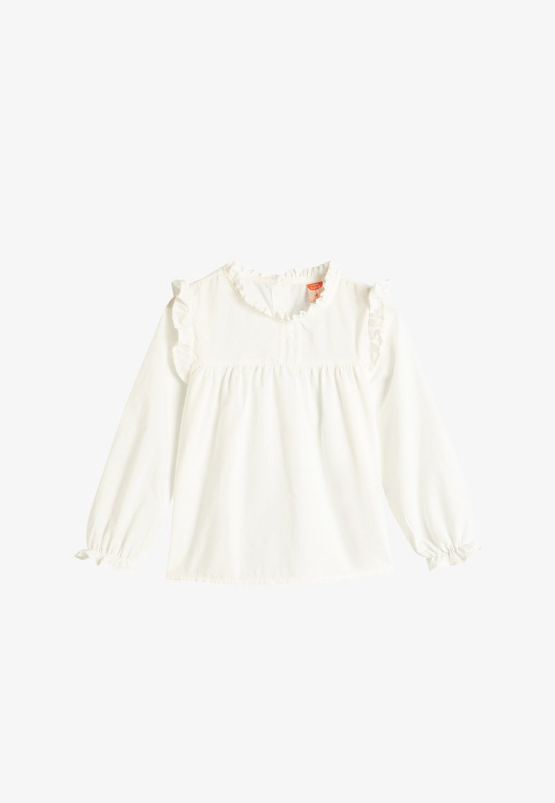 Weiße Bluse mit langen Ärmeln und Rüschendetails am Ausschnitt und den Ärmeln, mit gerafftem Design an der Brust, aus weichem Stoff gefertigt.