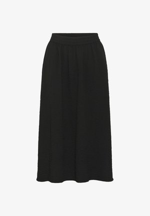 Black midi skirt with a textured fabric, elastic waistband, and flowing silhouette. Features a smooth, wrinkled surface and rounded hem.