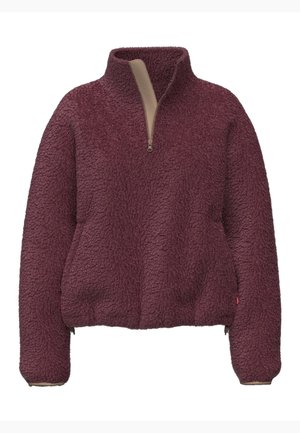 Pulover din fleece burgund cu guler înalt, fermoar pe jumătate în față și manșete elastice. Textură moale și croială lejeră cu buzunare laterale.
