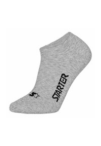 Graue Knöchelsocke mit "STARTER"-Text und kleinem schwarzen Sternlogo an der Seite, aus gestreiftem Stoff.
