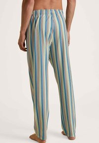 Heren broek met meerdere strepen in lichtgroen, blauw en bruin. Voorzien van een elastische tailleband en lichte stof. Rechte pijpen.