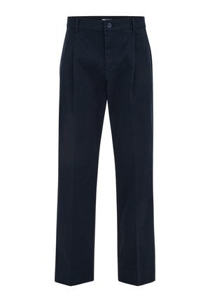 Tengerészkék egyenes szárú nadrág, derékpánttal, övbújtatókkal, gombos záródással és első hajtásokkal.