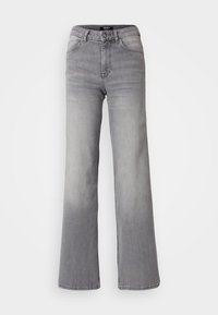 Jean droit taille haute gris clair avec poches avant, passants de ceinture et fermeture par bouton, présenté sur un fond blanc uni.
