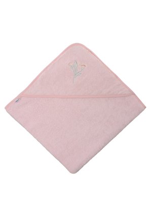Pink toddler hooded towel with a triangular shape, soft plush texture, embroidered flower detail, and contrasting border trim.