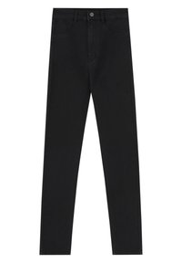 Jeans neri slim-fit con cinque tasche, chiusura a bottone e passanti per cintura, distesi su uno sfondo bianco.