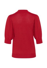 Czerwony sweter robiony na drutach z krótkimi, puszystymi rękawami. Posiada błyszczącą fakturę oraz żebrowany dół i kołnierz. Klasyczny, casualowy design.