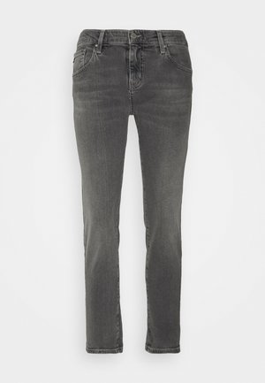 Harmaat farkut slim fit -mallilla, joissa on viiden taskun muotoilu, napillinen suljenta ja kangas, jossa on hieman haalistunut kuvio.