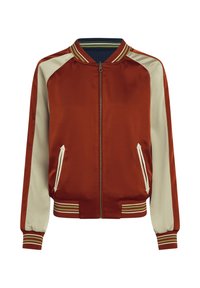 Bomber jacket in rust with cream sleeves. Satin fabric, ribbed collar and cuffs with striped accents. Features front zip and side pockets.