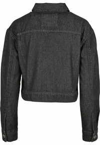 Svart denimjacka med en kortad design, långa ärmar och knappdetaljer vid manschetterna. Har en klassisk krage och ryggsöm.