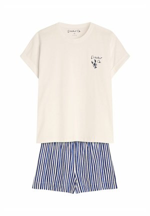 Cream short-sleeve shirt with navy lobster print; paired with blue and white striped shorts. Cotton fabric; relaxed fit and casual design.