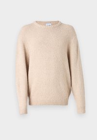 Beige knitted sweater with a textured surface, round neck, and long sleeves. Features ribbed cuffs and hem for a cozy fit.