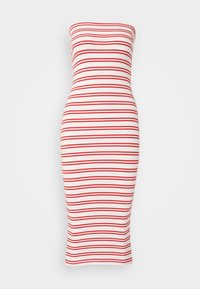 Sukienka midi bez ramiączek o dopasowanym fasonie. Wykonana z elastycznego materiału w poziome czerwone i białe paski. Gładka faktura, długość do kolan.