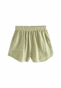 Shorts en lin vert clair avec une taille élastique, dotés de deux poches avant et d'une coupe ample et décontractée, ourlés en bas.