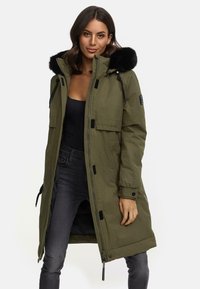 Olive green parka jacket with a fur-trimmed hood, zip and button closure, and multiple pockets. Features adjustable drawstrings and black hardware.