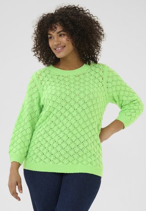 Maglione a maglia di un brillante verde lime, con un motivo a diamante testo, scollatura rotonda e maniche a 3/4. Super morbido e leggero.