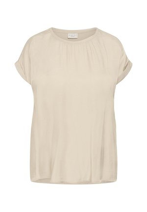 Beež lühikeste varrukatega pluus ümmarguse kaelusega, krae all peened voltimised ja mansettidega varrukad.