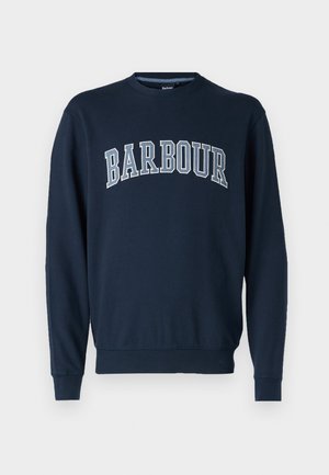 Navy blue sweatshirt made of cotton, featuring a ribbed crew neckline and long sleeves. "BARBOUR" is prominently printed across the chest.