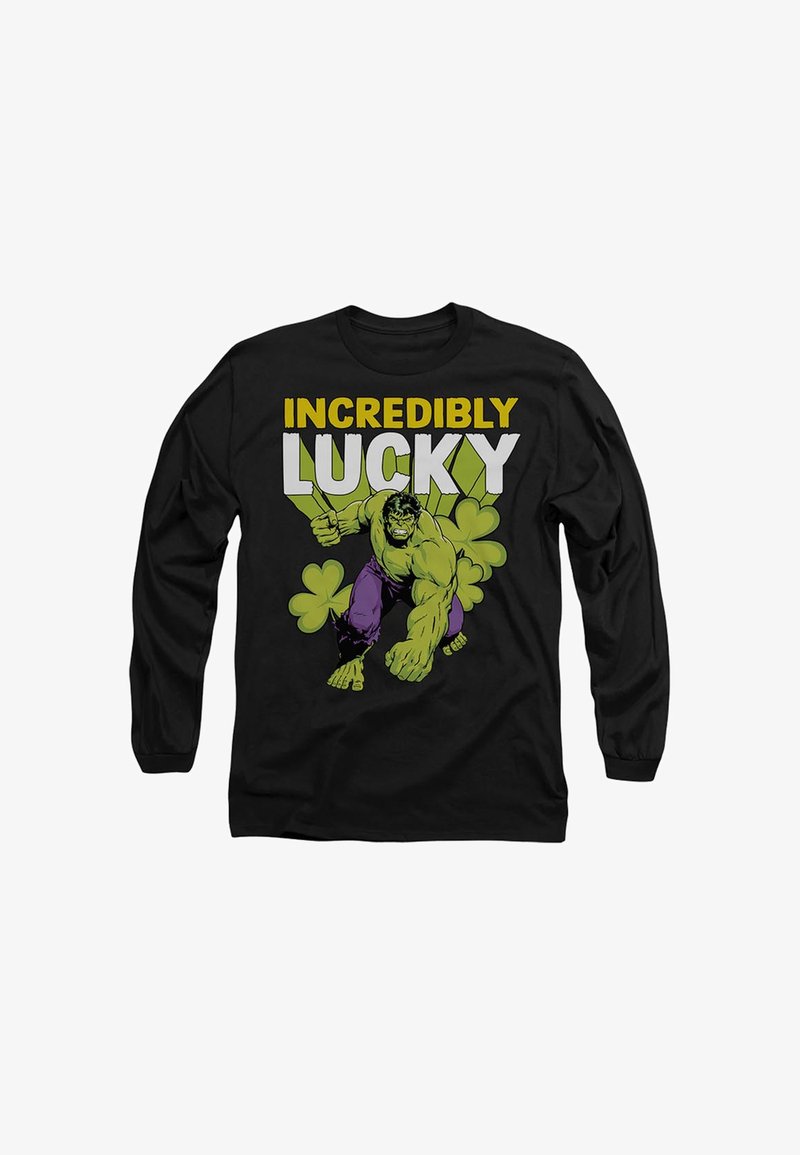 Black long-sleeve shirt featuring a cartoon character in green and purple, with text "INCREDIBLY LUCKY" and clover designs in bright colors.