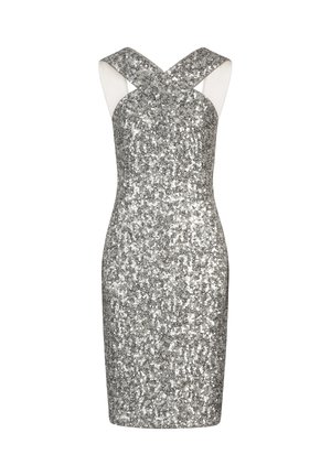 Abito da cocktail argento con paillettes, spalline incrociate e design fitted senza maniche, lunghezza ginocchio con texture scintillante.