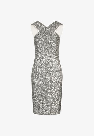 Silver sequin cocktail dress with crossed straps and sleeveless fitted design, knee-length with shimmering texture.