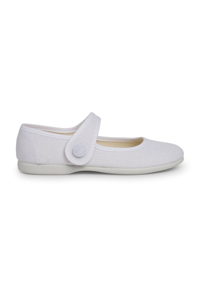 Weiße Leinenschuhe im Mary-Jane-Stil mit runder Zehenform, Klettverschluss, strukturiertem Obermaterial und einer niedrigen Gummisohle.