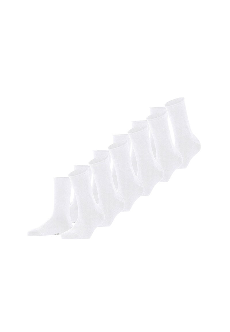 Um conjunto de meias de algodão brancas de cano curto, com punho canelado e bico sem costura. Cada meia apresenta uma textura suave e um design consistente.