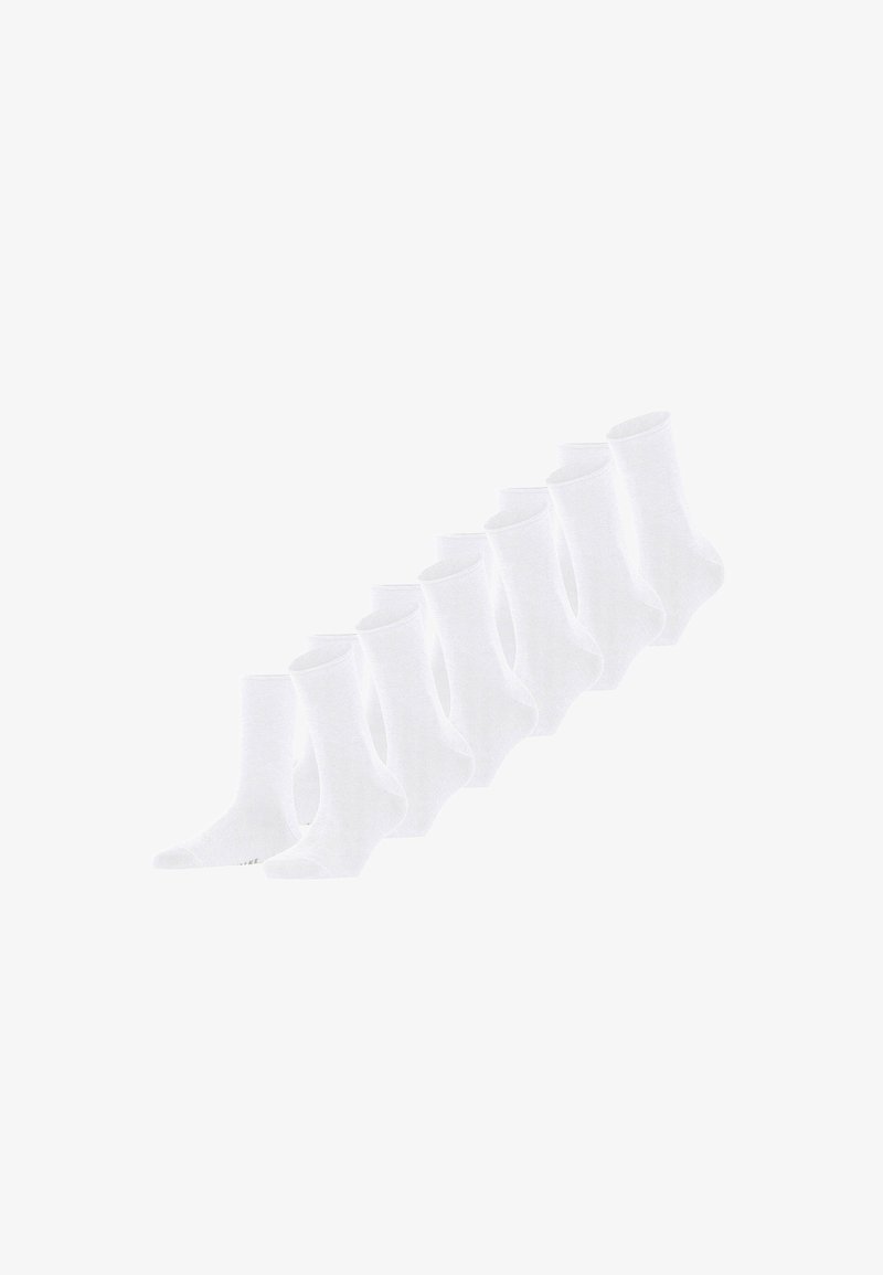 Um conjunto de meias de algodão brancas de cano curto, com punho canelado e bico sem costura. Cada meia apresenta uma textura suave e um design consistente.