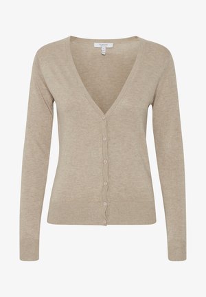 Bēša kardigāns ar V-veida kakla izgriezumu, garām piedurknēm un pogu aizdari. Tam ir ribota apdare pie piedurknēm un apakšmalas, gluda tekstūra.