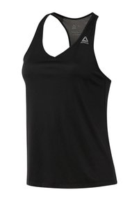 Svart atletisk linne med V-ringning och korsad ryggdesign. Tillverkat av ett slätt tyg med en lätt och ventilerande textur. Reebok-logotypen synlig.