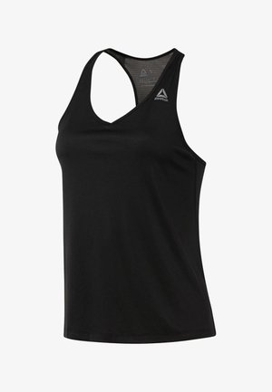 Canotta sportiva nera con scollatura a V e design incrociato sul retro. Realizzata in tessuto morbido con una texture leggera e traspirante. Logo Reebok visibile.