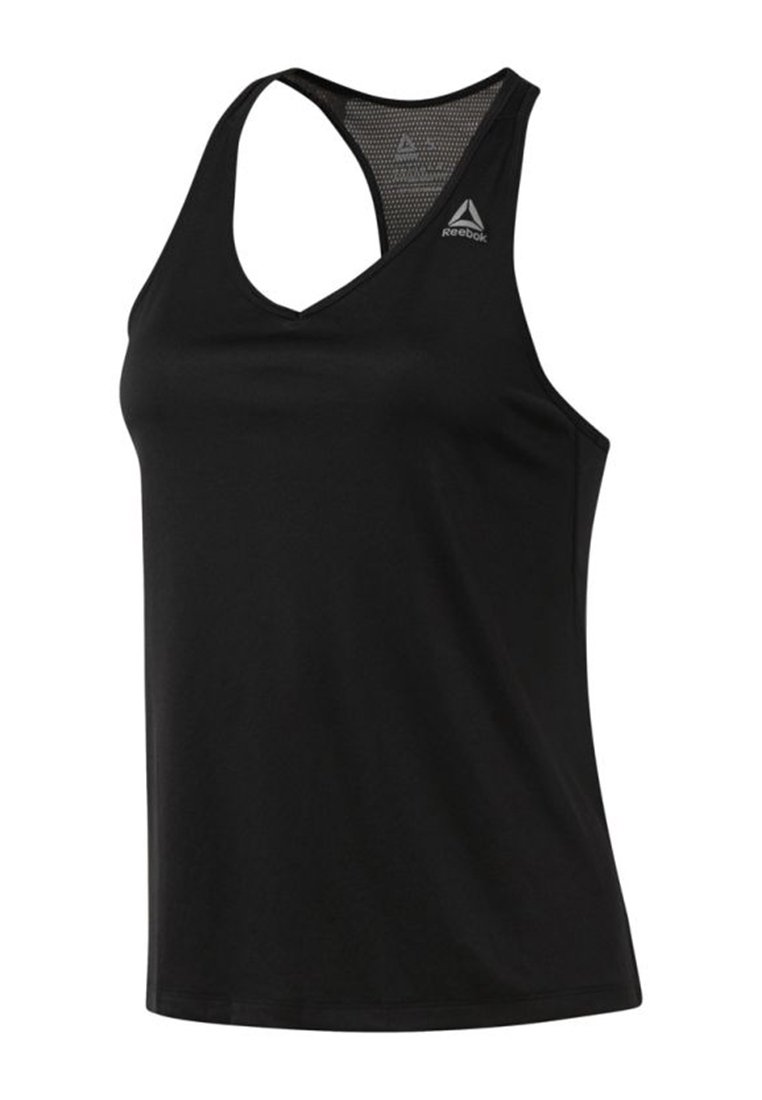 Svart atletisk linne med V-ringning och korsad ryggdesign. Tillverkat av ett slätt tyg med en lätt och ventilerande textur. Reebok-logotypen synlig.