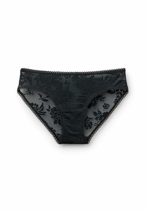Zwarte ondergoed van doorschijnend materiaal met bloemenpatroon. Voorzien van ingewikkelde kantafwerking rond de tailleband en beenopeningen.