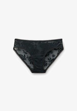 Black underwear made from sheer material with floral pattern. Features intricate lace trim around the waistband and leg openings.