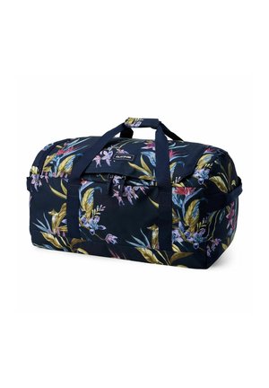 Borsa da viaggio navy con stampa floreale tropicale colorata, doppi manici e scomparto principale con cerniera.