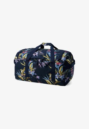 Navy duffel bag with colorful tropical floral print, dual carrying handles, and zippered main compartment.