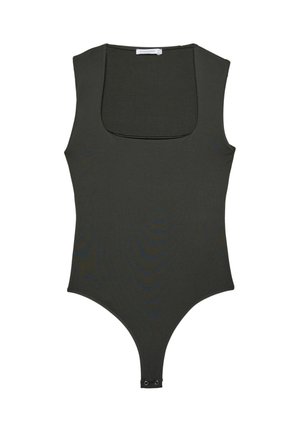 Olivgrön ärmlös bodysuit med fyrkantig halsringning, tillverkad av slät tyg. Har en tanga-botten och tryckknapp i botten.