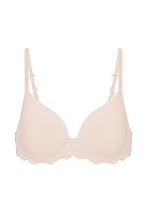 Reggiseno rosa chiaro imbottito con rifiniture in pizzo e spalline regolabili, progettato per comfort e sostegno.