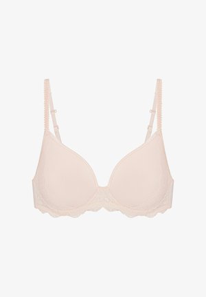 Lyserød polstret bh med blonderkant og justerbare stropper, designet for komfort og støtte.