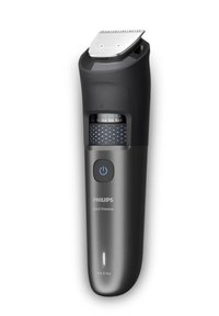Rasoi per barba Philips con un corpo elegante e nero opaco, testa di taglio in metallo e un display digitale che mostra le impostazioni di lunghezza. Funzione bagnato e asciutto.