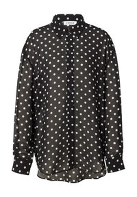 Zwarte doorzichtige blouse met witte stippen, met een klassieke kraag en lange mouwen met knoopsluitingen.
