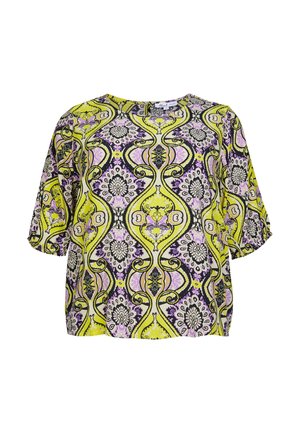 Geel, paars en zwart gebloemde blouse met een losse pasvorm, ronde halslijn en korte mouwen, met een bloemen- en abstract ontwerp.