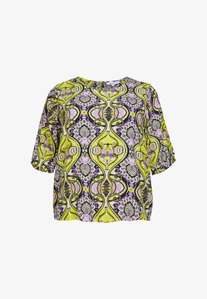 Geel, paars en zwart gebloemde blouse met een losse pasvorm, ronde halslijn en korte mouwen, met een bloemen- en abstract ontwerp.