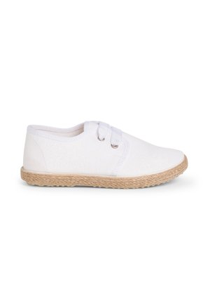 White canvas shoes with a round toe, elastic laces, and a textured woven jute sole. The upper features a smooth, matte finish.