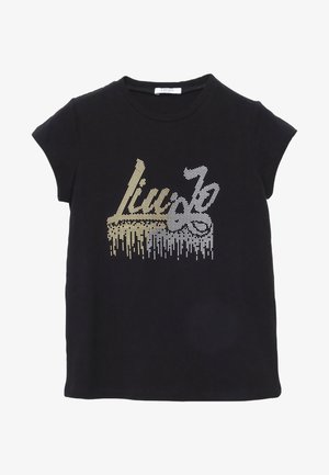 Černé tričko s krátkým rukávem s metalickým grafickým designem, na kterém je v stříbrných a zlatých kamínkách "Liu Jo", s rovný střihem.