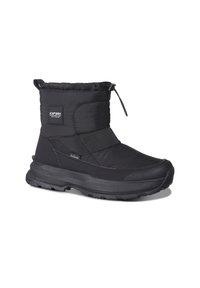 Černé voděodolné zimní boty s polstrovaným svrškem, elastickou šňůrkou a texturovanou gumovou podrážkou; mají logo a vrstvený design.