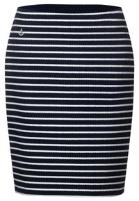 Navy and white striped pencil skirt. Crafted from stretch fabric, features a fitted silhouette and a small anchor emblem near the waist.