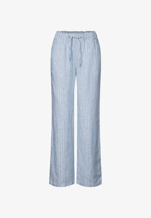 Jasnoniebieskie spodnie w paski wykonane z miękkiego, oddychającego materiału. Posiadają elastyczny pas z sznurkiem i szerokie nogawki.