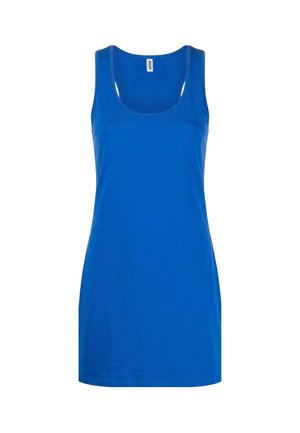 Top senza maniche blu con scollo rotondo e taglio aderente, mostrato su sfondo bianco.
