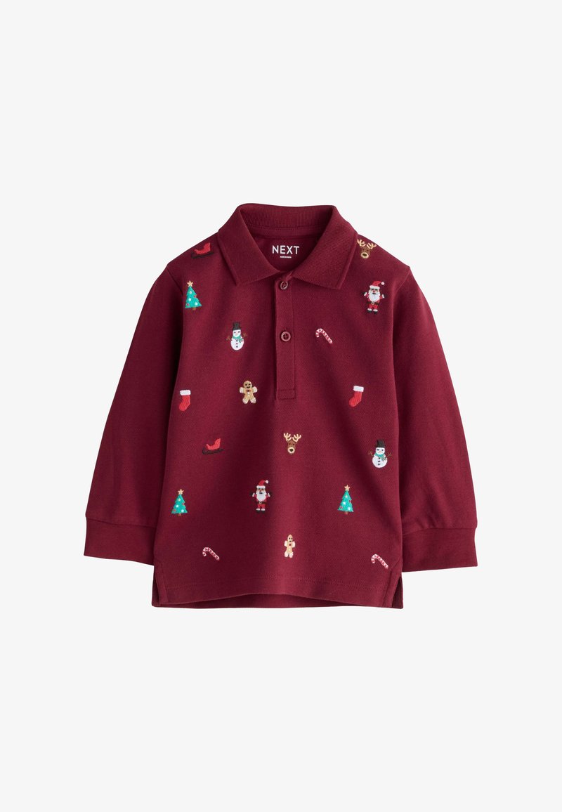 Burgunderfarbener langärmeliger Poloshirt mit Weihnachtlichem Stickdesign, das einen Weihnachtsmann, einen Schneemann, Weihnachtsbäume, Zuckerstangen, Lebkuchen und Rentiere zeigt.