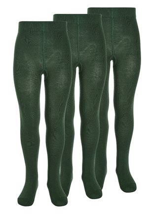 Drei Paare dunkelorgrüner Strumpfhosen mit einem strukturierten Muster, glattem Finish und elastischem Bund. Jedes Paar ist lang und eng anliegend.
